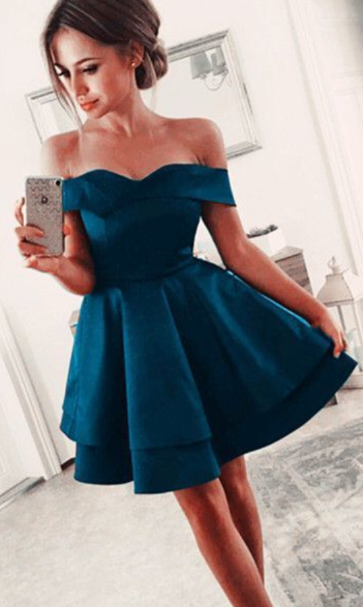 Off The Shoulder A Line Annabelle Homecoming Dresses Satin Tiered Pleated Short Elegant Tiered