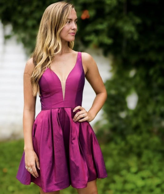 A Line Homecoming Dresses Chloe Satin Deep V Neck Sleeveless Short Pleated Simple