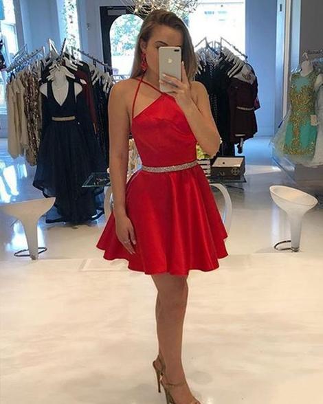 Halter Spaghetti Straps Magdalena Homecoming Dresses A Line Satin Sexy Pleated Short Red Simple
