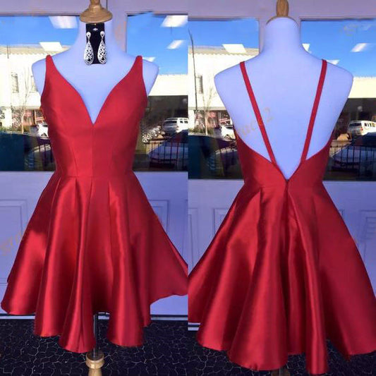 Deep V Neck Red Straps Madeline Satin Homecoming Dresses A Line Backless Sleeveless Pleated