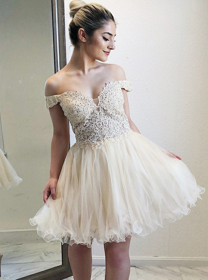 Off The Shoulder Appliques Organza Ivory A Line Homecoming Dresses Lace Lucia Pleated V Neck