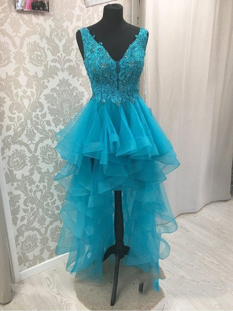 Blue V Neck High Low Organza Denisse Homecoming Dresses Pleated Appliques Backless Sleeveless