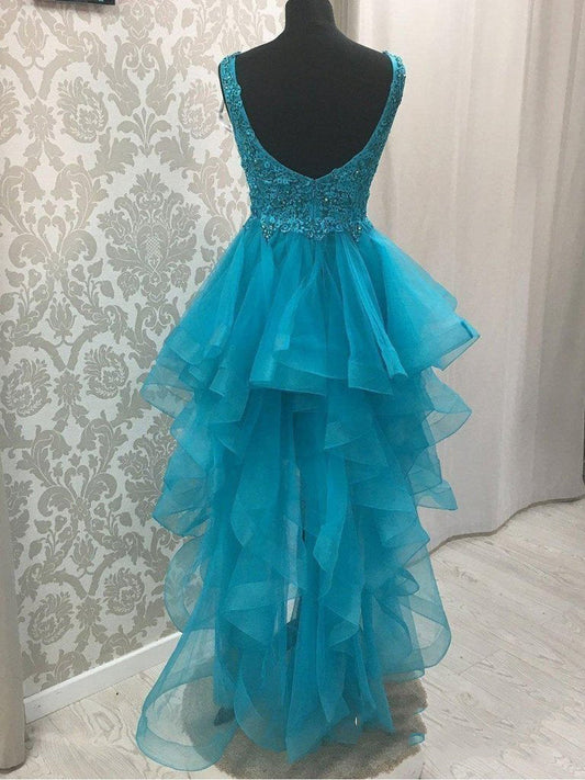 Blue V Neck High Low Organza Denisse Homecoming Dresses Pleated Appliques Backless Sleeveless