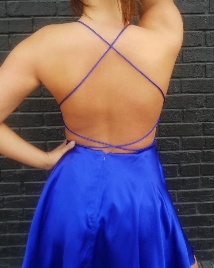 Halter Straps Backless A Line Satin Chaya Homecoming Dresses Short Pleated Criss Cross