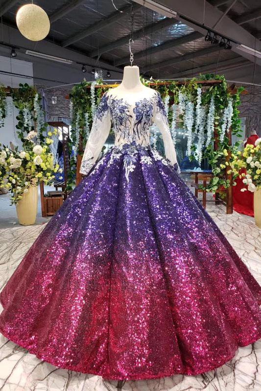 Ball Gown Ombre Sparkly Long Sleeve Sequins Prom Dresses, Quinceanera Dresses SJS15066