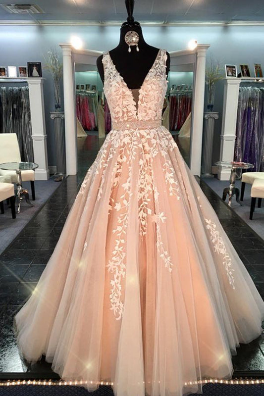 Ball Gown Lace Tulle V-neck Long A-line Quinceanera Dresses Prom Dresses