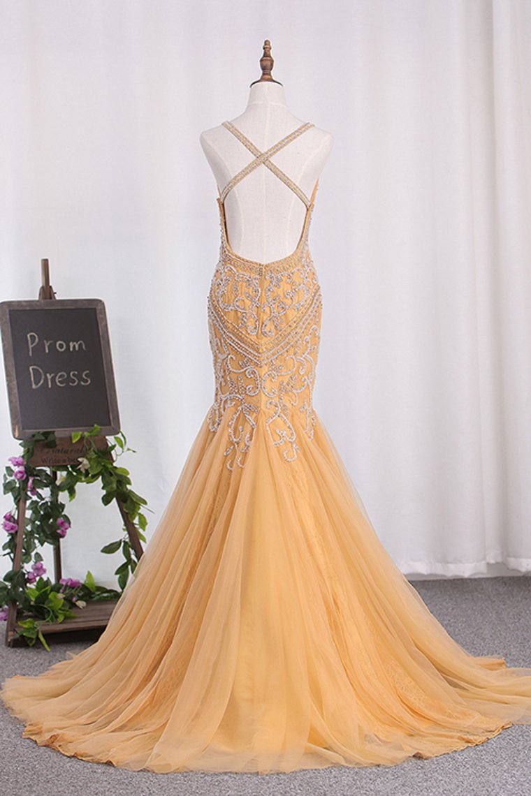 2024 Sexy Open Back Spaghetti Straps Beaded Bodice Mermaid Tulle Prom Dresses