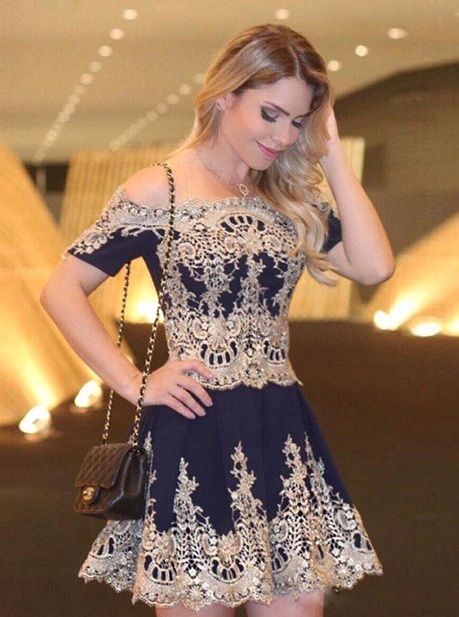 A-Line Off-The-Shoulder Short Sleeves Navy Blue Chiffon Homecoming Dresses Monique 2024 With Appliques