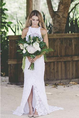 2024 Open Back Sleeveless Lace Halter Mermaid Slit Beach Wedding Dress White Bridals Dress