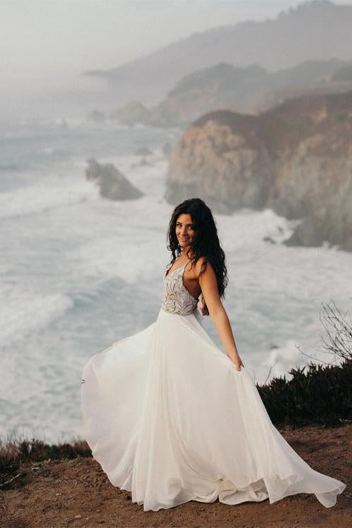 Elegant Spaghetti Straps V Neck Chiffon Backless Beach Wedding Dresses Bridal Gowns SRS14976