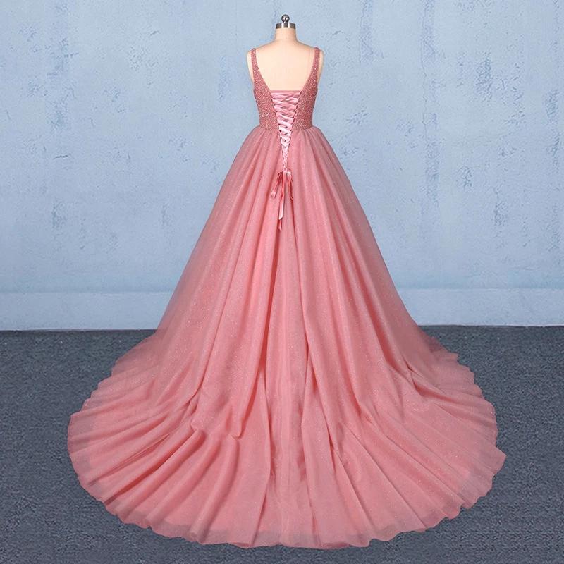 Ball Gown V Neck Tulle Prom Dress with Beads, Puffy Pink Sleeveless Quinceanera Dresses SJS15074