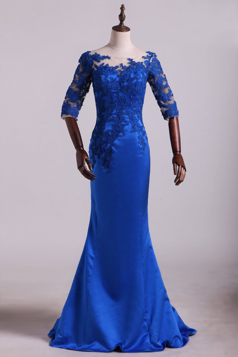 Hot Bateau Dark Royal Blue Mother Of The Bride Dresses 3/4 Length Sleeve With Applique Satin