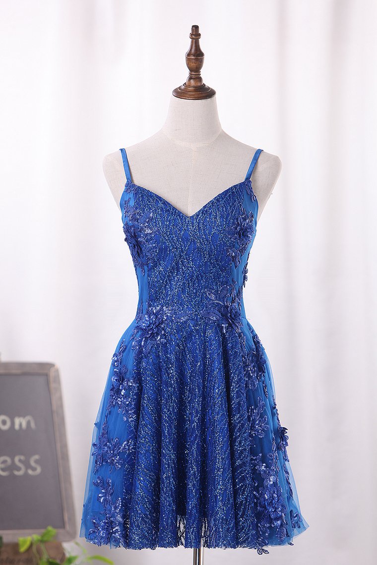 A Line Spaghetti Straps Tulle Homecoming Dresses With Beads And Applique