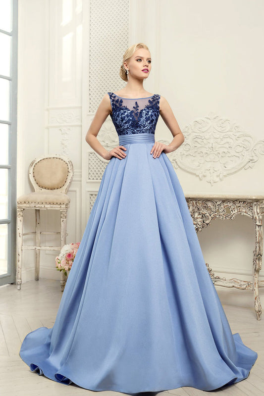 2022 Scoop Blue A-Line Appliques Satin Backless Sleeveless Quinceanera Dress Prom Dresses UK JS456