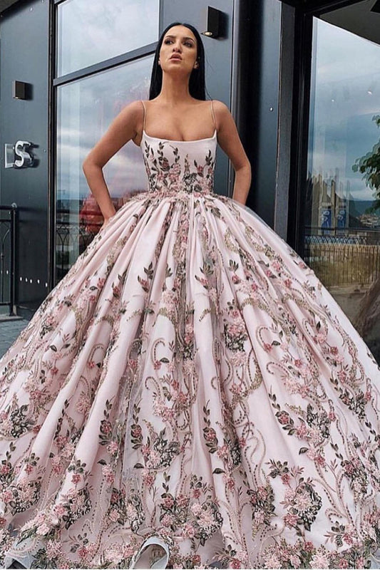 Princess Ball Gown Spaghetti Straps Beads Floral Print Prom Dresses Long Quinceanera Dress SRS15294