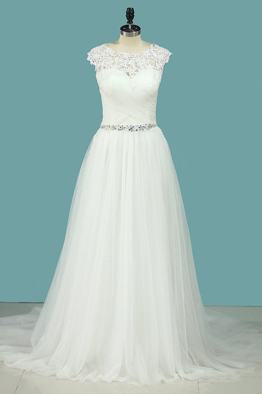 Wedding Dresses Scoop Tulle With Applique And Ruffles Sweep Train