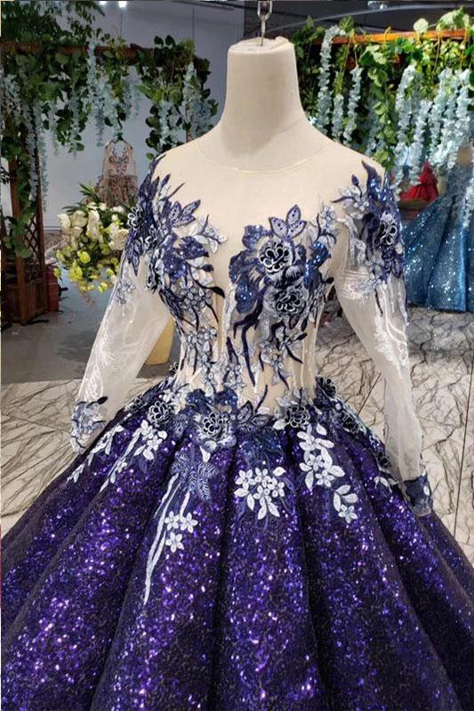 Ball Gown Ombre Sparkly Long Sleeve Sequins Prom Dresses, Quinceanera Dresses SJS15066