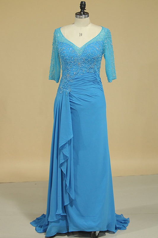 Mid-Length Sleeves Chiffon Mother Of The Bride Dresses With Beads Royal Blue