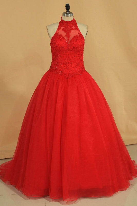 2024 Quinceanera Dresses High Neck Ball Gown Tulle With Embroidery