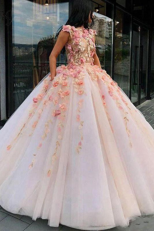 Princess Ball Gown Pink Tulle Prom Dresses with Handmade Flowers, Quinceanera SJS20430