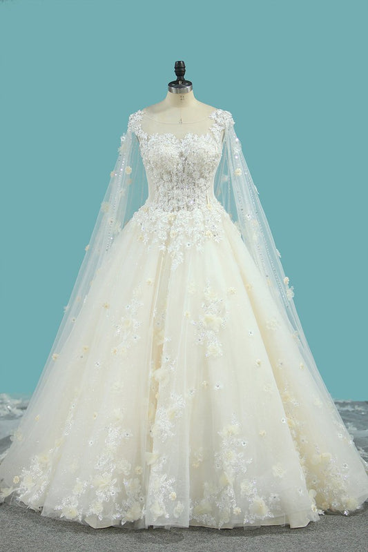 2024 Tulle A Line Scoop Wedding Dresses With Beading Chapel Train Lace Up