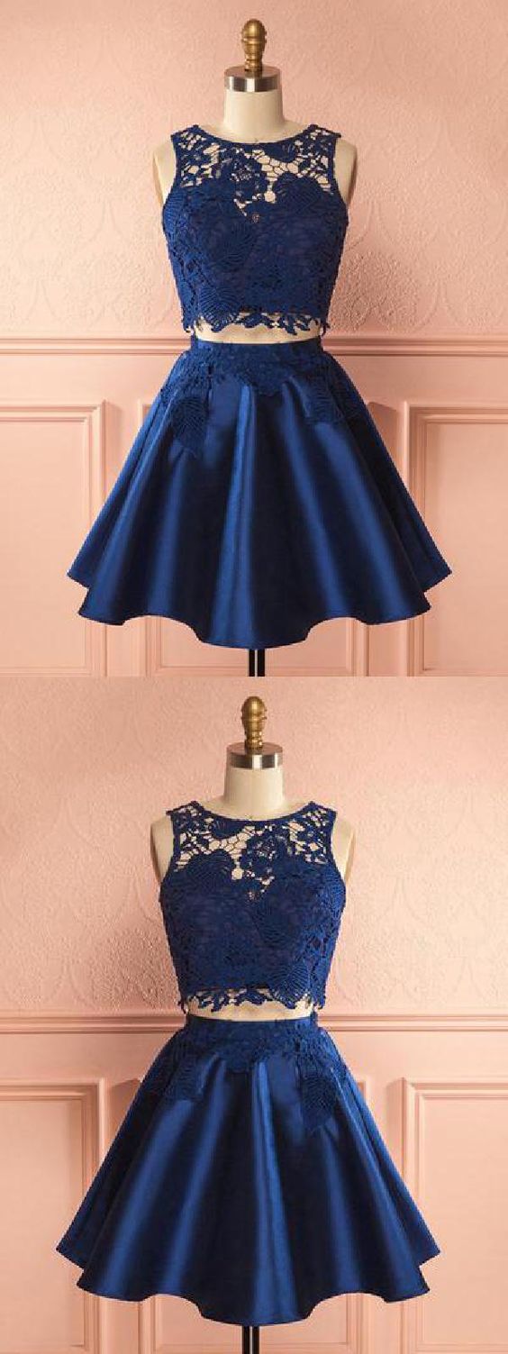 2 Pieces Navy Blue Party Homecoming Dresses Satin Two Pieces Lace Zoe Dress