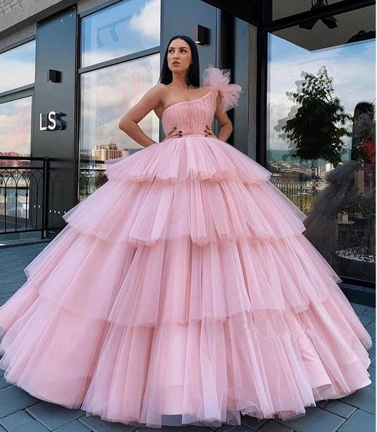 Charming Ball Gown Tulle Pink One Shoulder Long Prom Dresses, Quinceanera Dresses SJS15096