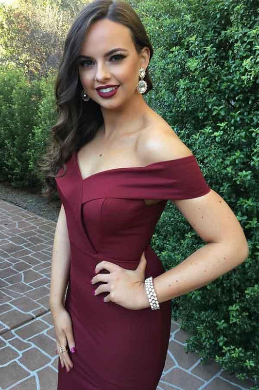 2024 Charming Off the Shoulder Burgundy Satin Mermaid Long Prom Dresses With Slit