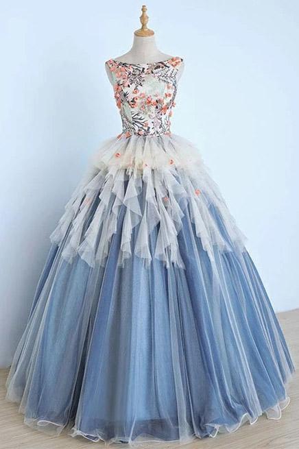 Princess Ball Gown Appliques Blue Tulle Prom Dresses, Sweet 16 Dress, Quinceanera Dress SJS15289