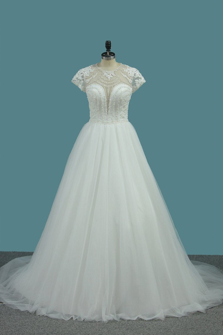 Tulle A Line Scoop Short Sleeve Wedding Dresses With Applique And Beads Open Back