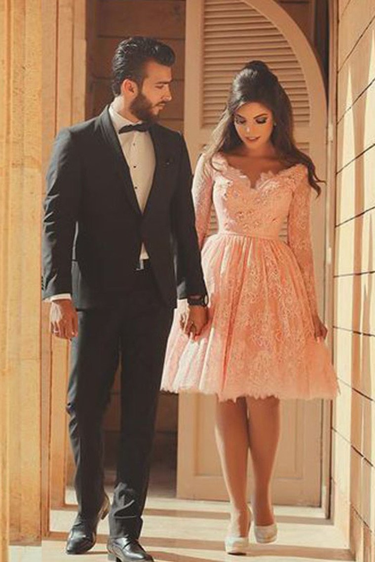 Lace Homecoming Dresses A Line V Neck Long Sleeves With Handmade Flowers