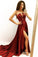 Elegant A line Strapless V Neck Burgundy Beads Prom Dresses with Slit, Party SRS15640