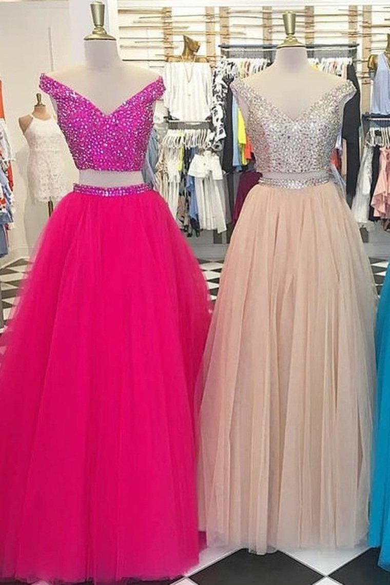 2024 Off The Shoulder Two-Piece Prom Dresses A Line Tulle  Beaded Bodice