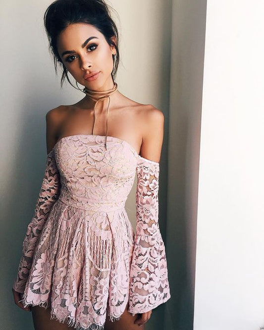 Ivy Cocktail Homecoming Dresses Lace A-Line Off-The-Shoulder Long Sleeves Short Blush 2024