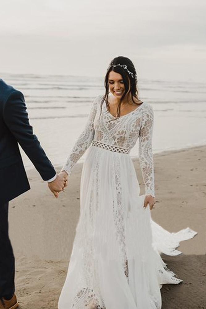 Charming A Line Long Sleeves V Neck Lace Ivory Beach Wedding Dresses, Bridal SRS15623