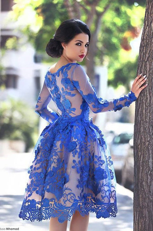 Princess/A-Line Emely Royal Blue Homecoming Dresses Round Knee-Length Long Sleeves Dresses Prom