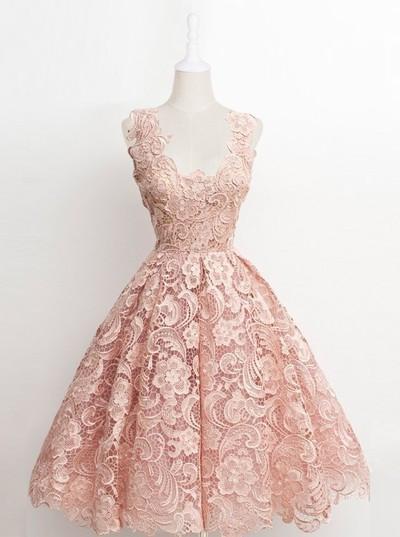Vintage A-line Scalloped-Edge Knee-Length Lace Light Pink Prom Homecoming Dress JS874