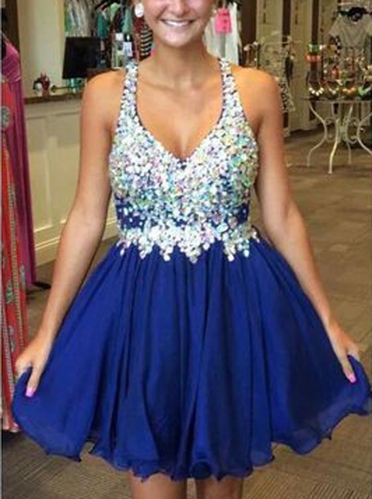 A-Line Royal Blue Willa Homecoming Dresses Deep V-Neck Beading Pleated Short
