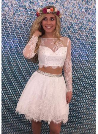 Two Piece Bateau Long Sleeves White Tulle Lace Homecoming Dresses Averi 2024 With Beading