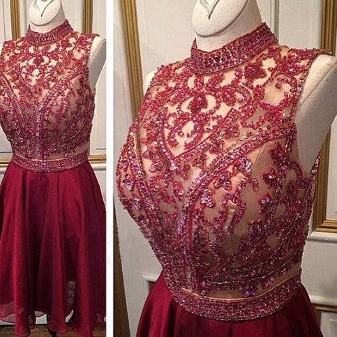 A-Line High Chiffon Denisse Homecoming Dresses Neck Burgundy Short 2024 With Beading Sequins