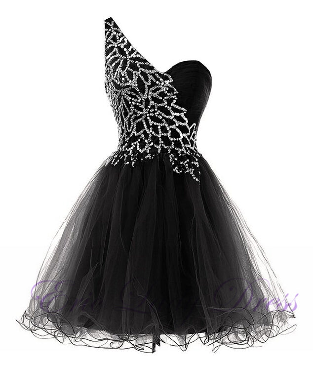 A-Line Homecoming Dresses Lily One-Shoulder Black Tulle Short 2024 With Sequins