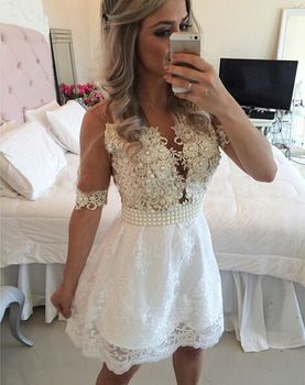 Homecoming Dresses Lace Patience A-Line V-Neck Half Sleeves White Short 2022 With Appliques Pearls
