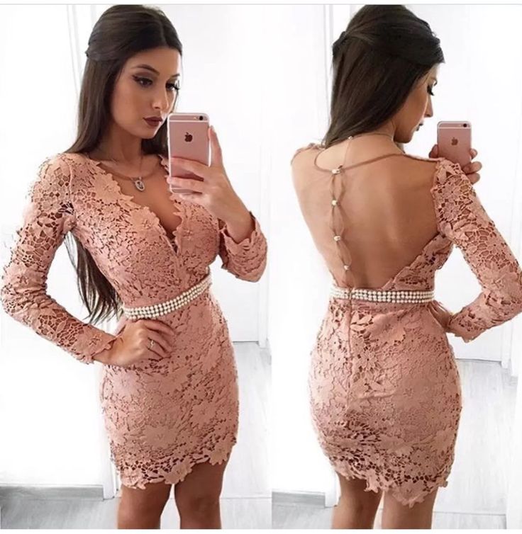 Sheath V-Neck Long Sleeves Blush 2024 Homecoming Dresses Lace Gia With Pearls
