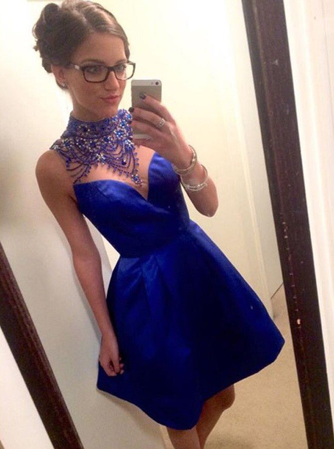 A-Line High Neck Short 2022 Homecoming Dresses Danielle Royal Blue Satin With Beading