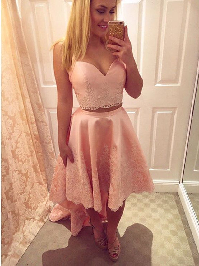 Lace Pink Homecoming Dresses Satin Kelly Two Piece Straps High Low 2024 With