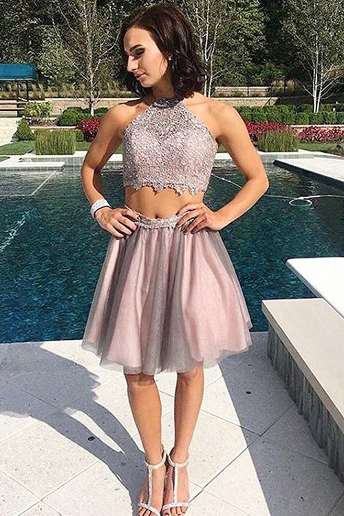 Two Piece Jewel Open Nola Homecoming Dresses Back Short Blush Tulle Dresses Prom