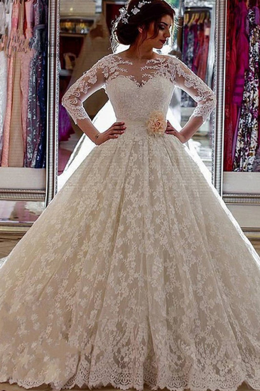 2024 Ball Gown Scoop 3/4 Length Sleeves Wedding Dresses Lace With Applique