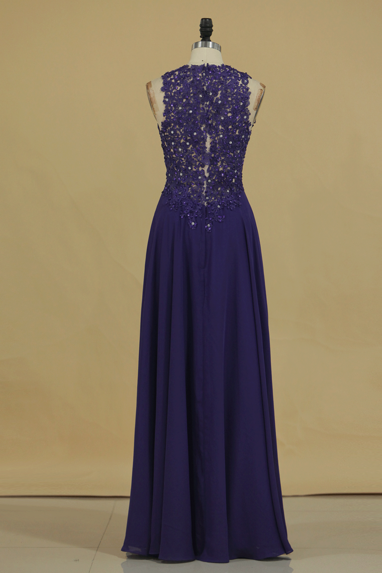 2024 Scoop With Applique And Beads Chiffon Prom Dresses A Line Sweep Train