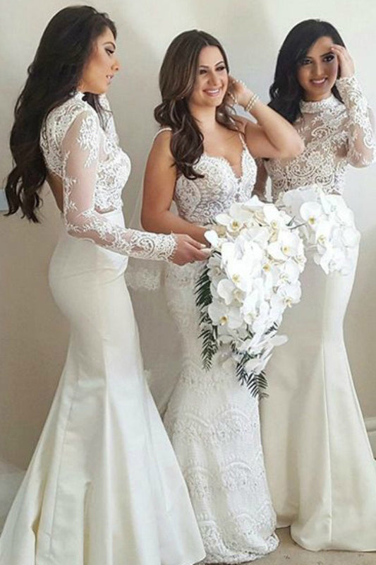 Long Sleeve Mermaid High Neck Ivory Bridesmaid Dress with Lace,Wedding Party SRS20486
