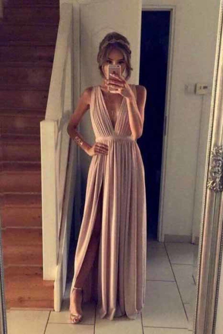 Prom Dresses V Neck Chiffon With Ruffles And Slit Floor Length A Line